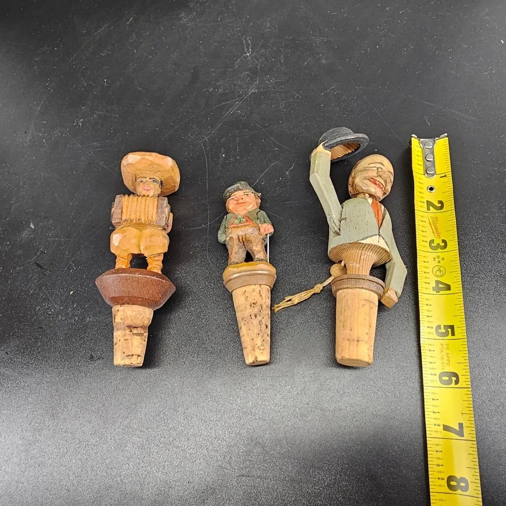 Bottle Stoppers Set of 3 Vintage Black Forest Hand Carved Wood Folk Art